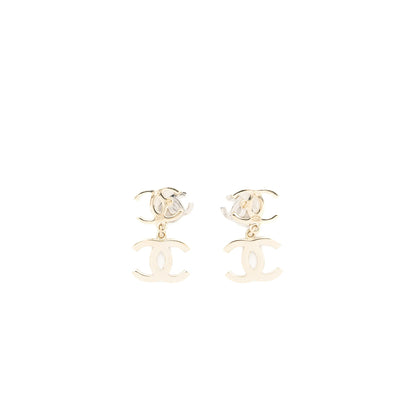 Chanel Double CC with CC Drop Earrings Crystal Light Gold Tone