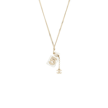 Chanel No.5 Perfume Bottle Long Necklace Light Gold Tone