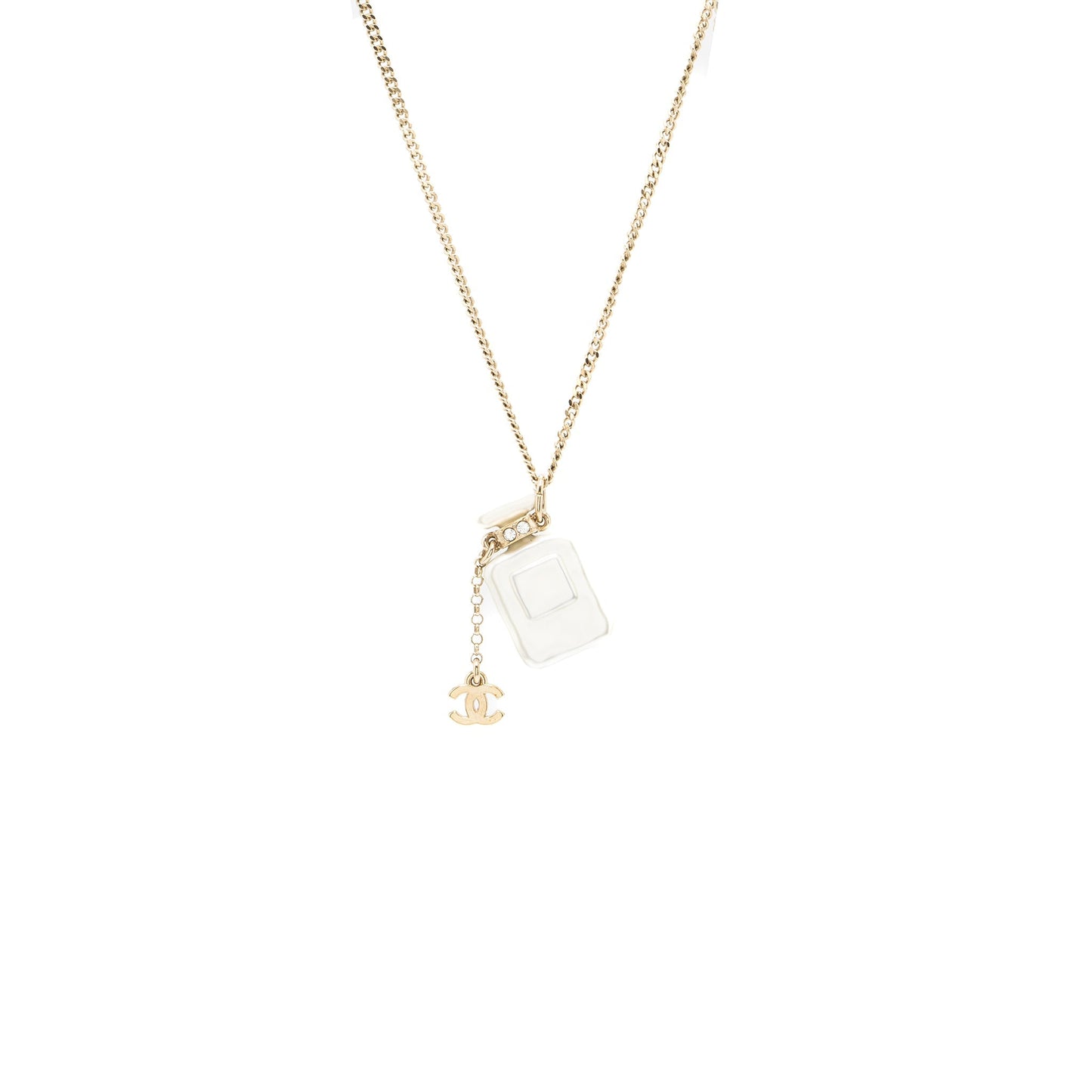 Chanel No.5 Perfume Bottle Long Necklace Light Gold Tone