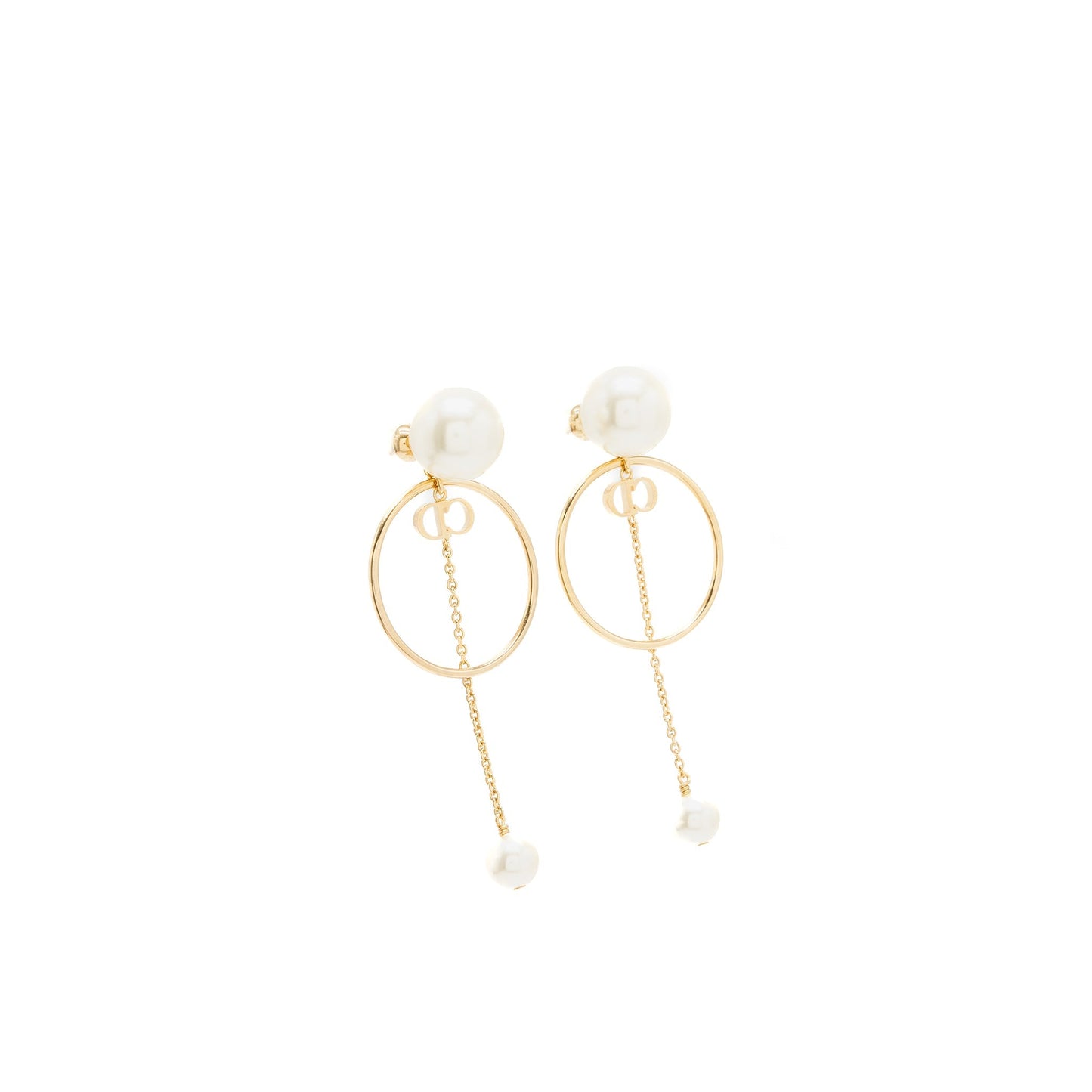Dior Logo Round Drop Earrings Pearl Gold Tone