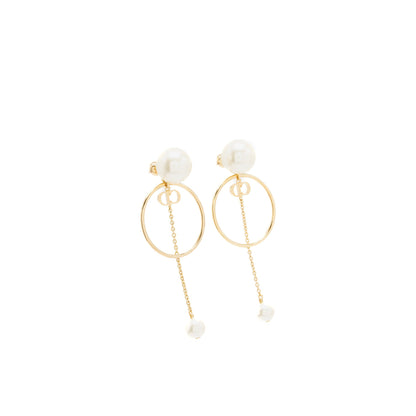 Dior Logo Round Drop Earrings Pearl Gold Tone
