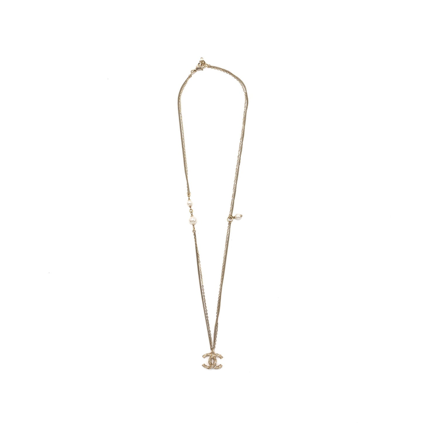 Chanel small CC logo and pearl necklace light gold tone