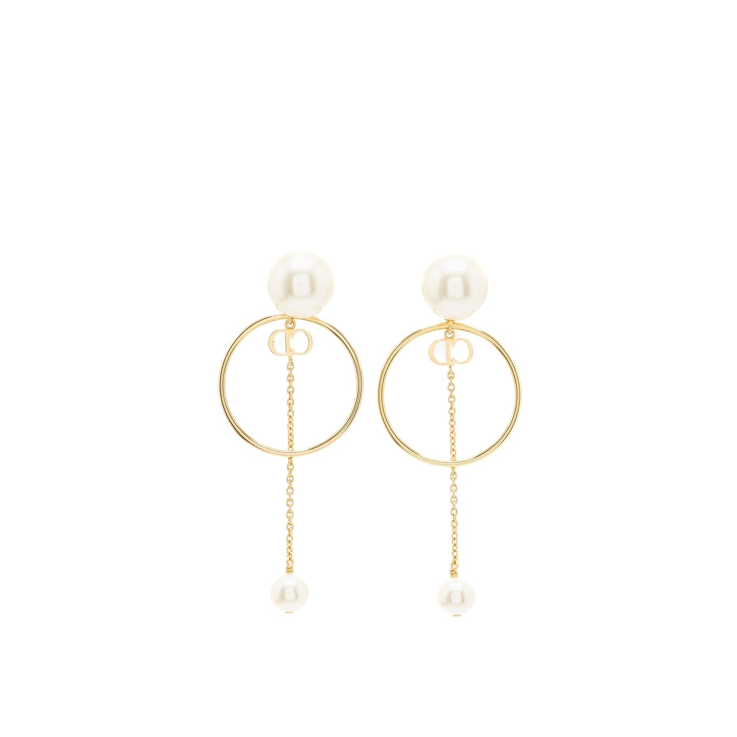 Dior Logo Round Drop Earrings Pearl Gold Tone