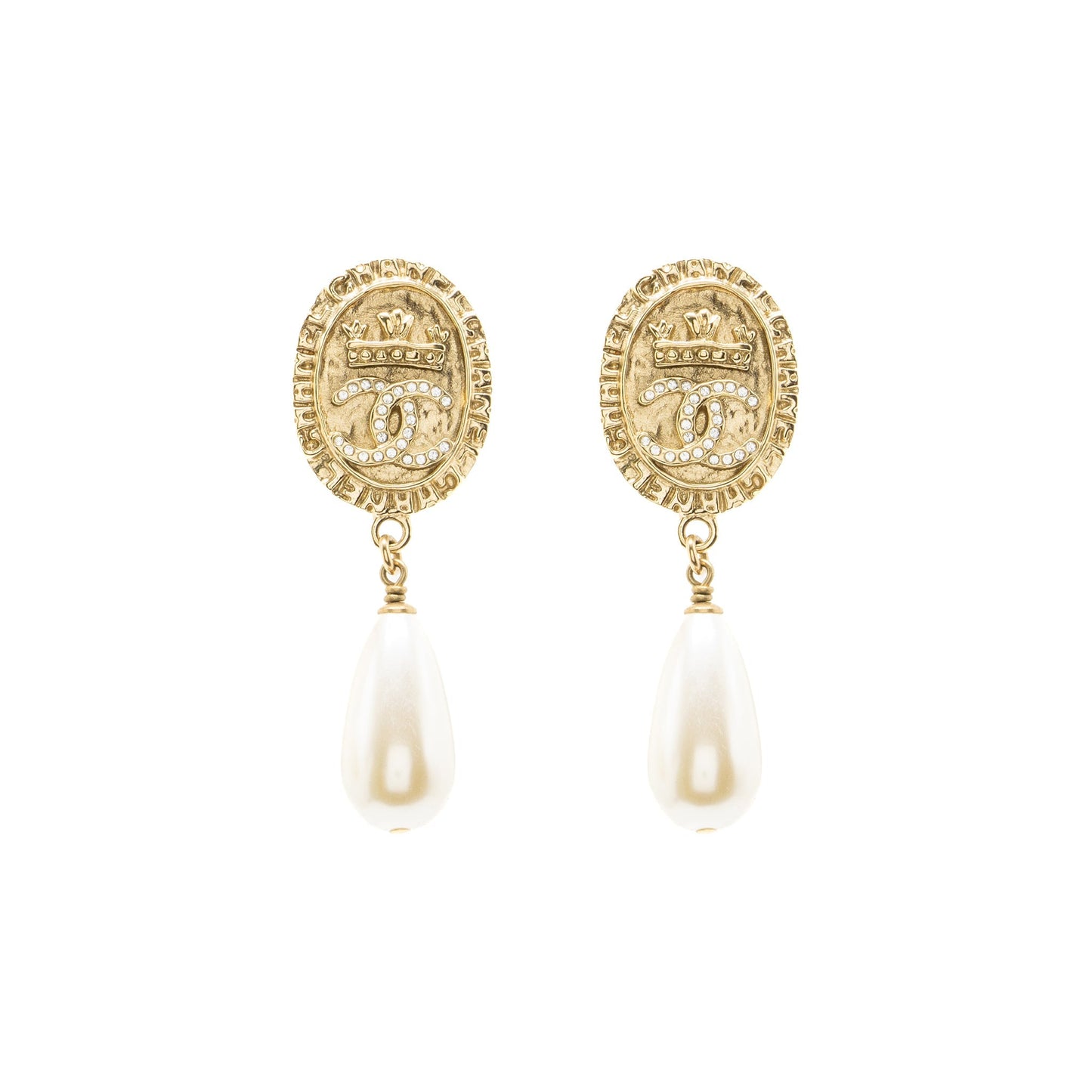 Chanel CC Logo Earrings Pearl Dropped Crystal Gold Tone