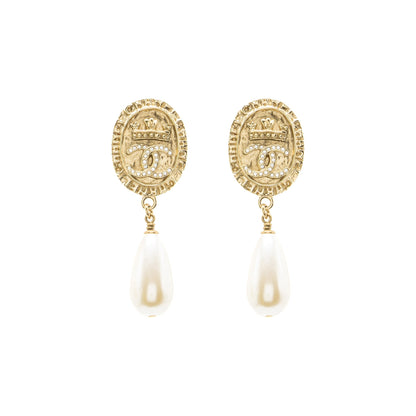 Chanel CC Logo Earrings Pearl Dropped Crystal Gold Tone