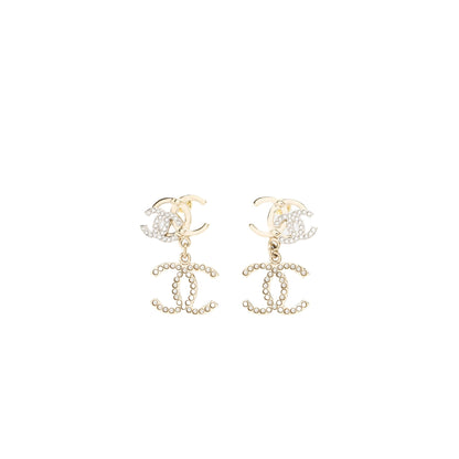 Chanel Double CC with CC Drop Earrings Crystal Light Gold Tone