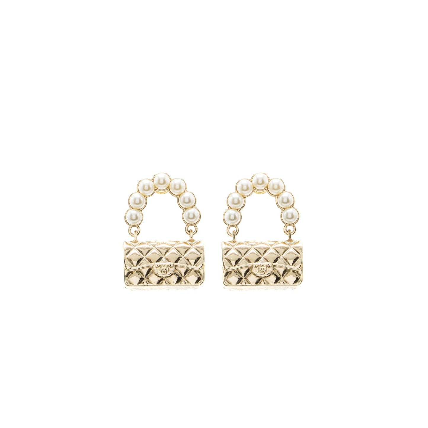 Chanel Flap Bag Dropped Earrings Pearl Light Gold Tone