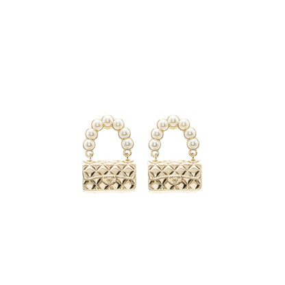 Chanel Flap Bag Dropped Earrings Pearl Light Gold Tone