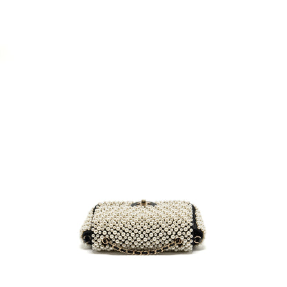 Chanel 19S pearl flap mini rectangular flap bag satin/ lambskin black LGHW