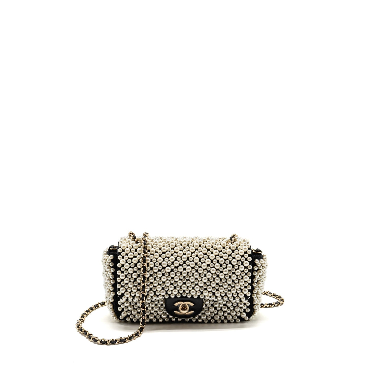 Chanel 19S pearl flap mini rectangular flap bag satin/ lambskin black LGHW