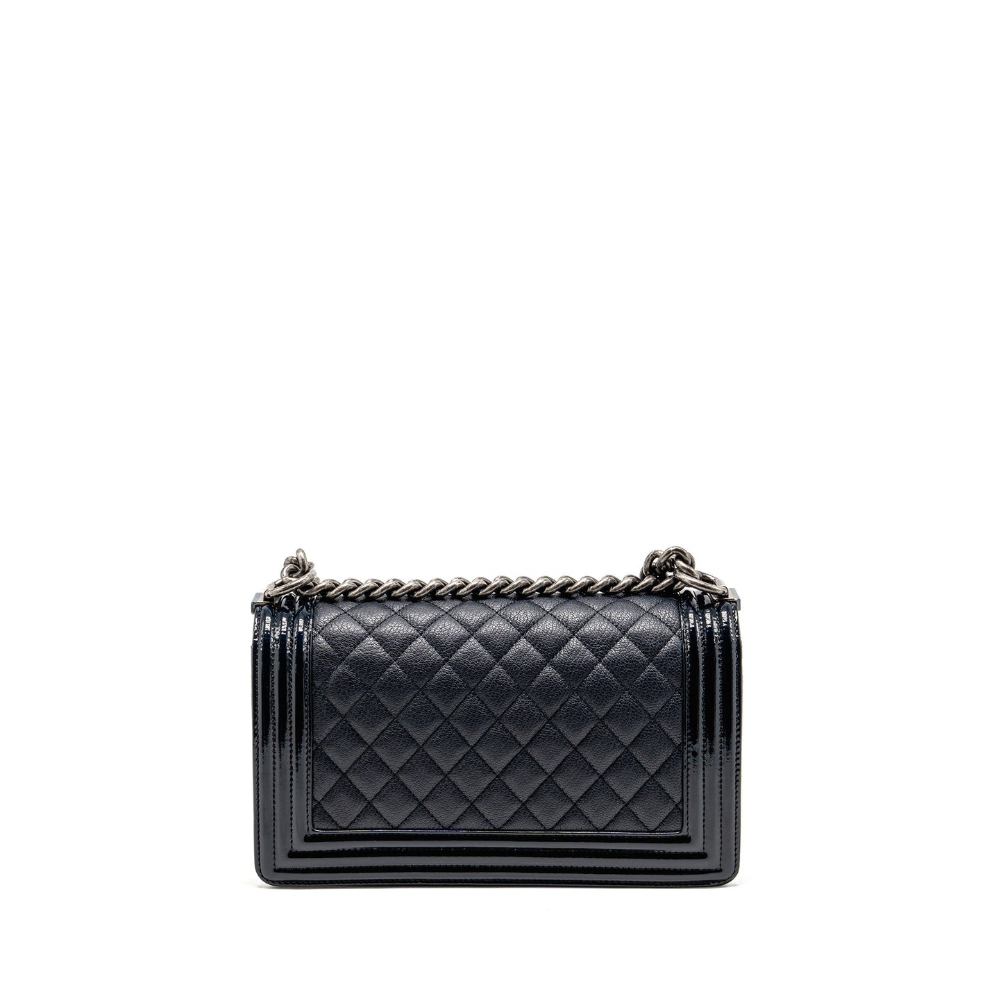 Chanel Medium Boy Bag Grained Calfskin Navy Ruthenium Hardware