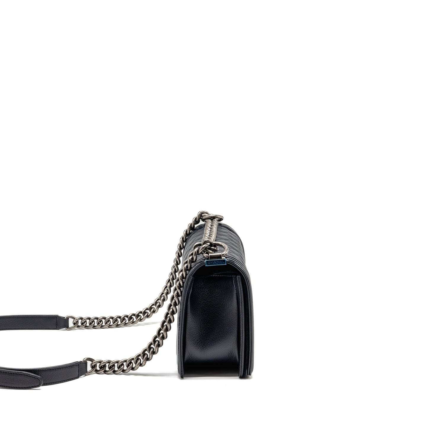 Chanel Medium Boy Bag Grained Calfskin Navy Ruthenium Hardware