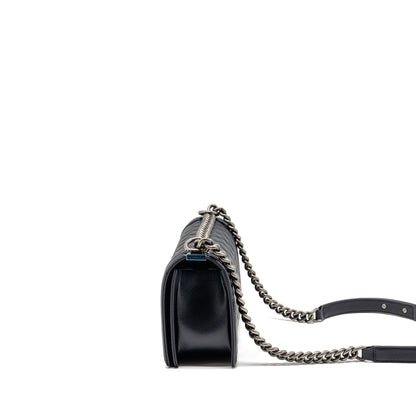 Chanel Medium Boy Bag Grained Calfskin Navy Ruthenium Hardware