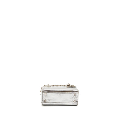 Dior Mini Lady Dior Flower Studded Metal Handle Lizard Silver