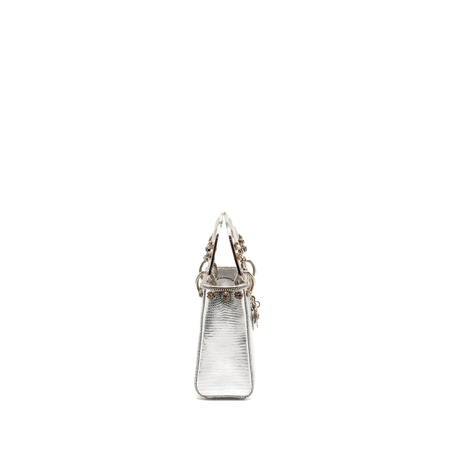 Dior Mini Lady Dior Flower Studded Metal Handle Lizard Silver