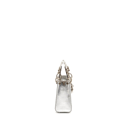 Dior Mini Lady Dior Flower Studded Metal Handle Lizard Silver