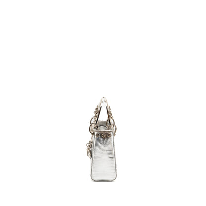 Dior Mini Lady Dior Flower Studded Metal Handle Lizard Silver