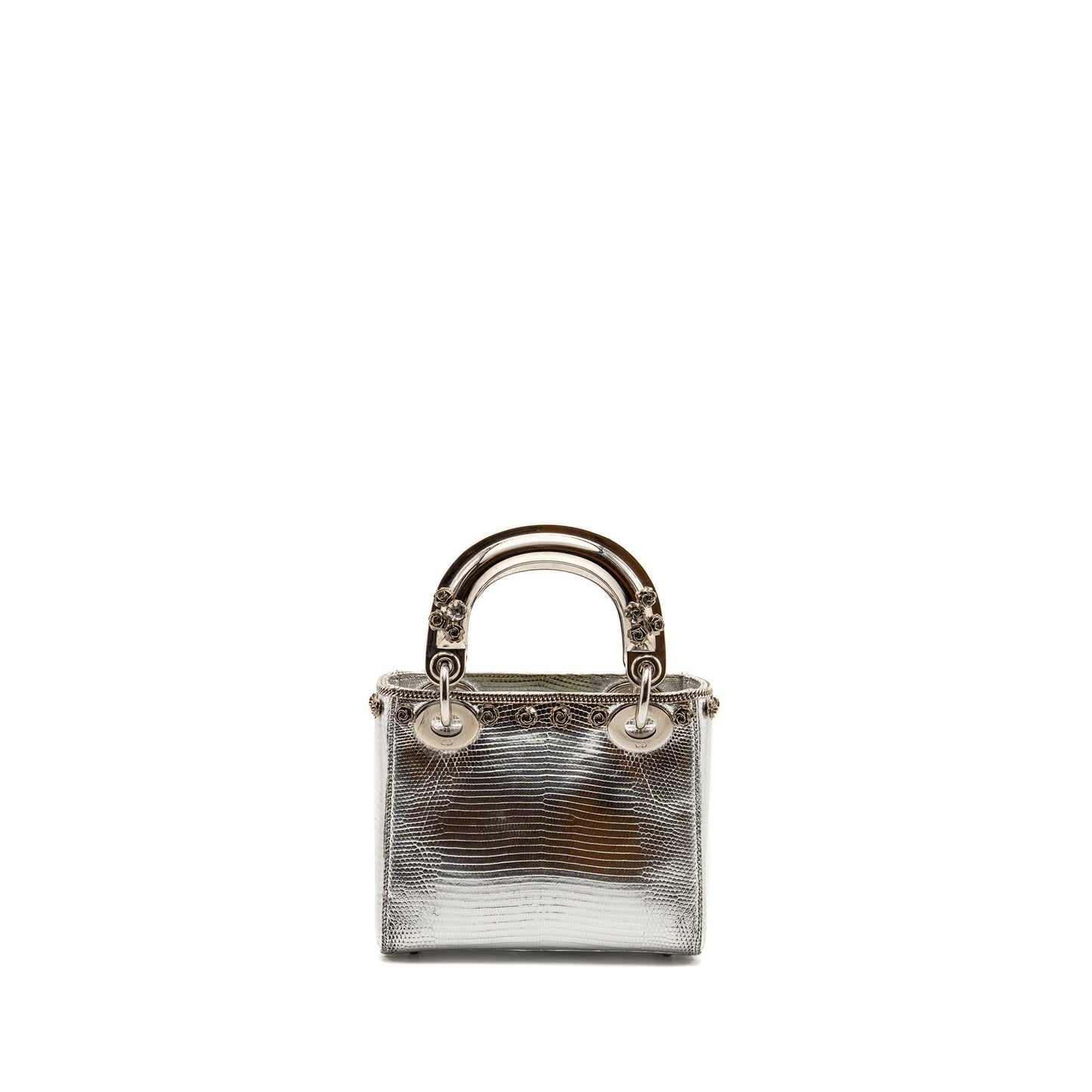Dior Mini Lady Dior Flower Studded Metal Handle Lizard Silver