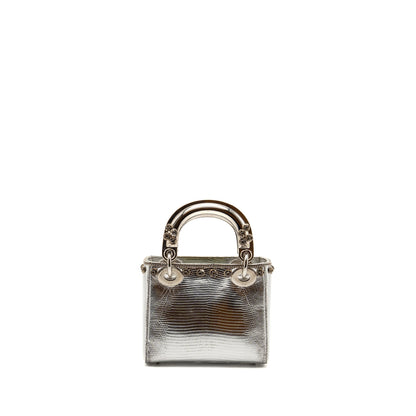 Dior Mini Lady Dior Flower Studded Metal Handle Lizard Silver