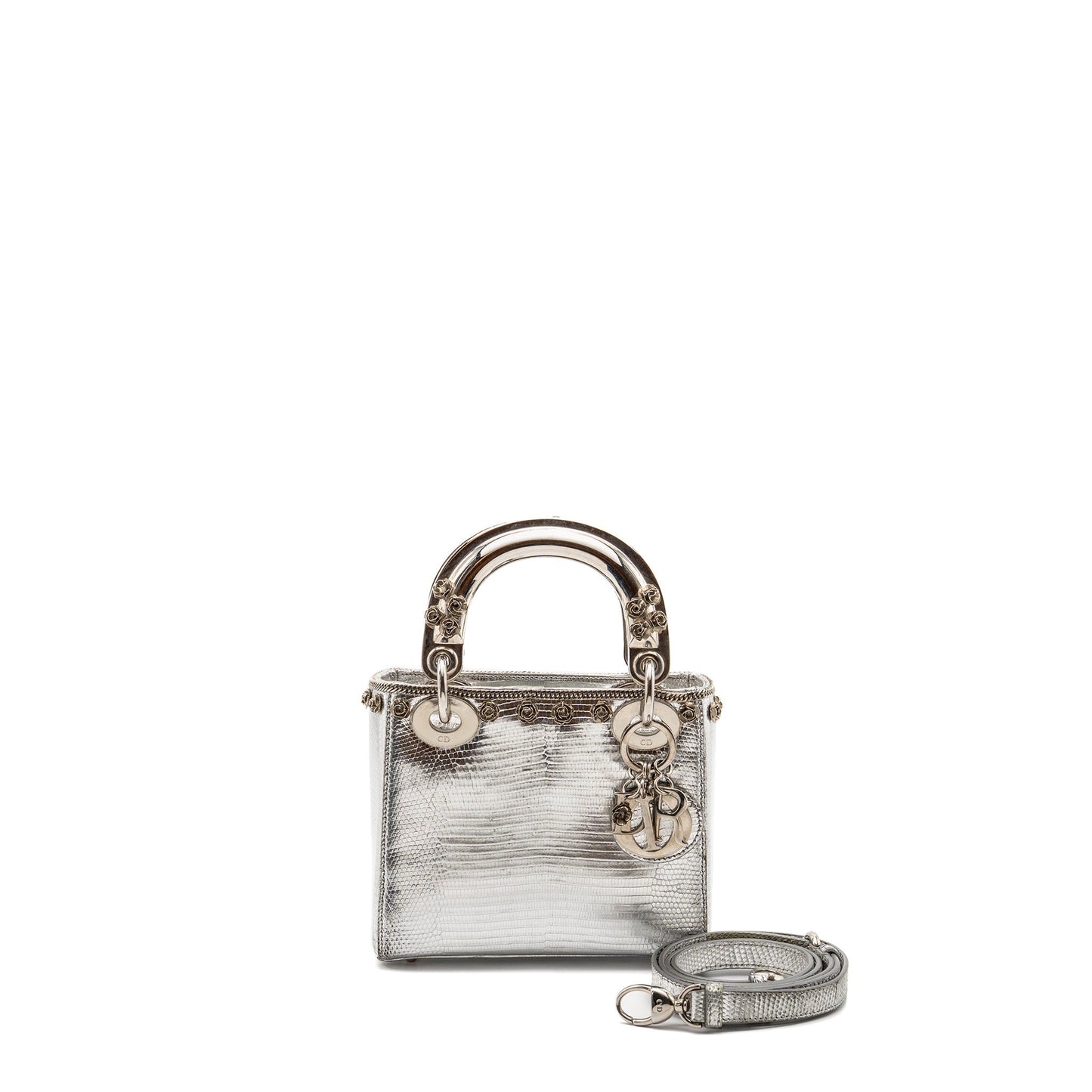 Dior Mini Lady Dior Flower Studded Metal Handle Lizard Silver