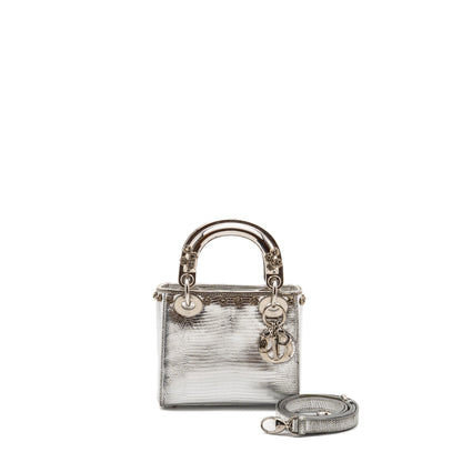 Dior Mini Lady Dior Flower Studded Metal Handle Lizard Silver