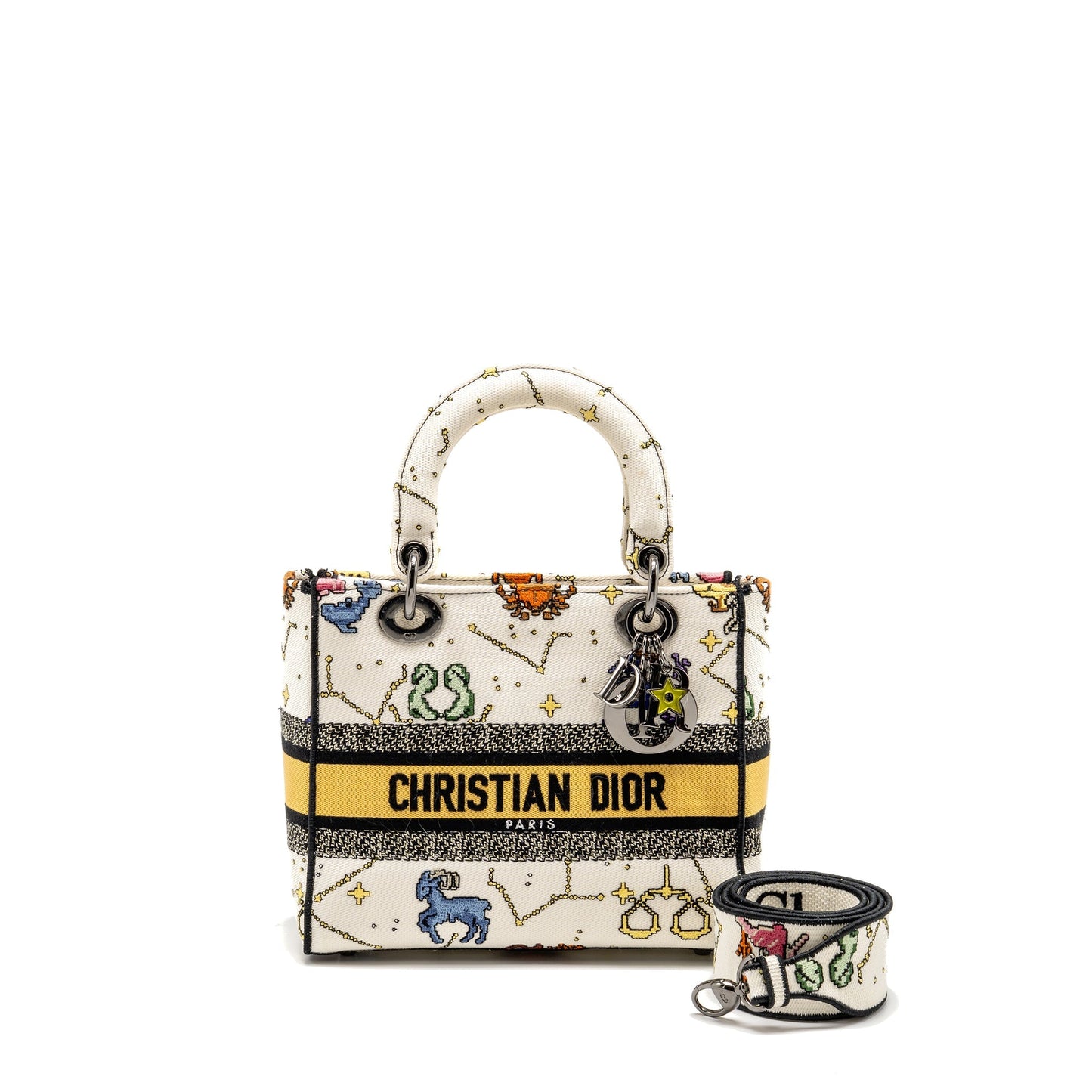 Dior Medium Lady D-lite Purse Pixel Zodiac Embroidery Canvas Multicolour Black hardware