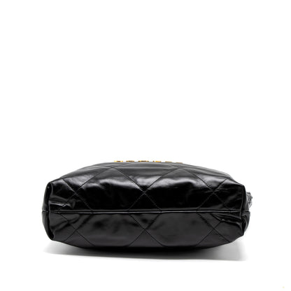 Chanel Small 22 Bag Gold Letter Shiny Calfskin Black Brushed GHW (Microchip)