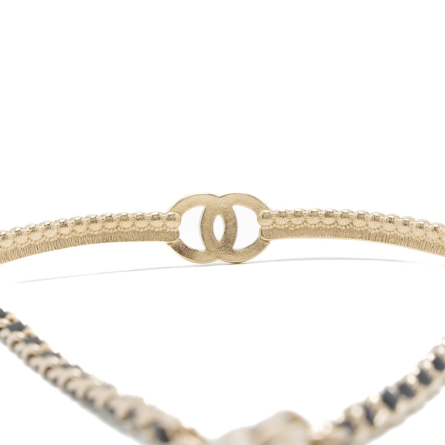 Chanel CC Logo Chocker Leather Chain Crystal Light Gold Tone