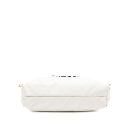 Chanel Small 22 Bag Black Letter Shiny Calfskin White Brushed GHW (Microchip)