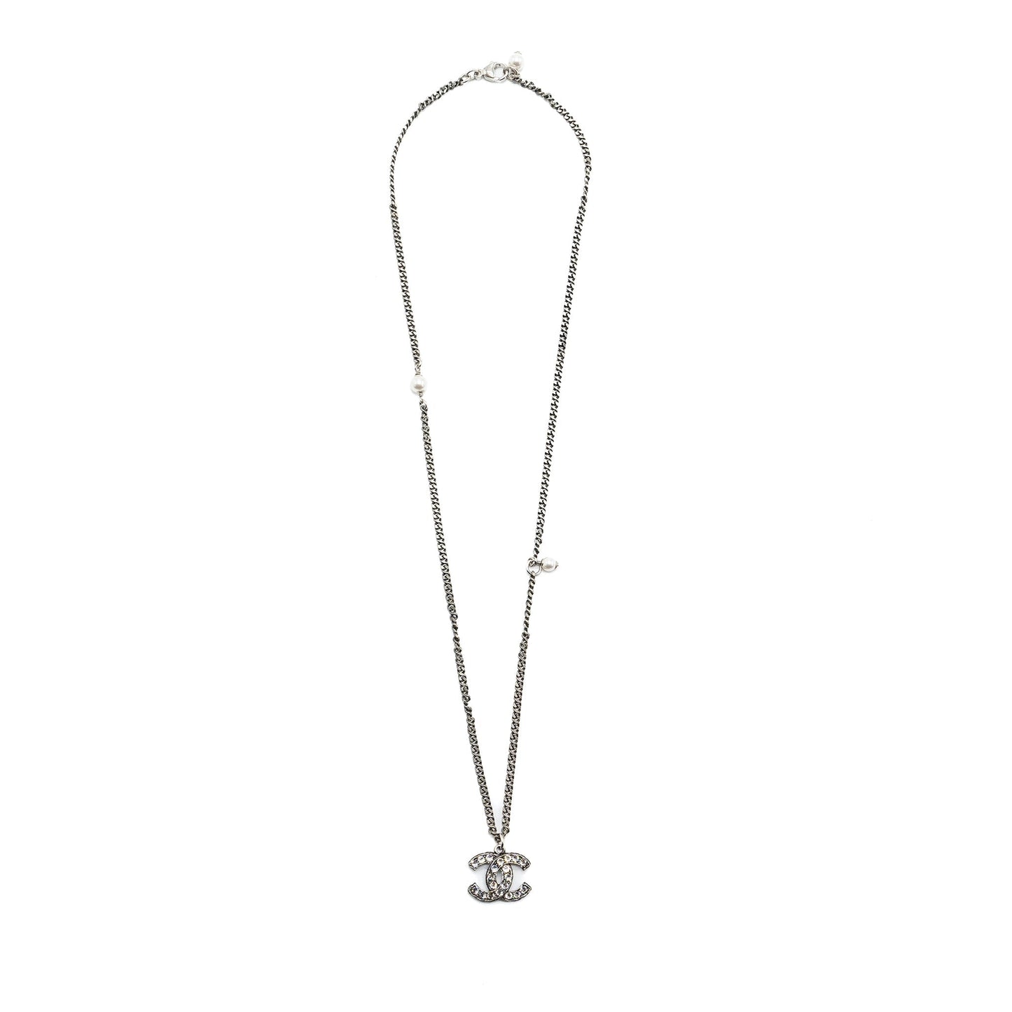 Chanel CC Logo Necklace Crystal/ Pearl Ruthenium Hardware