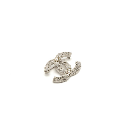 Chanel CC Comet Logo Brooch Crystal/Pearl Silver Tone