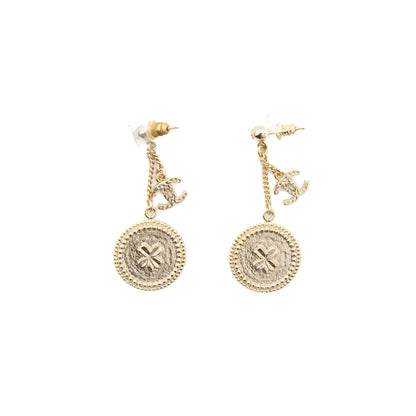 Chanel Round CC Logo Drop Earrings Gold Tone