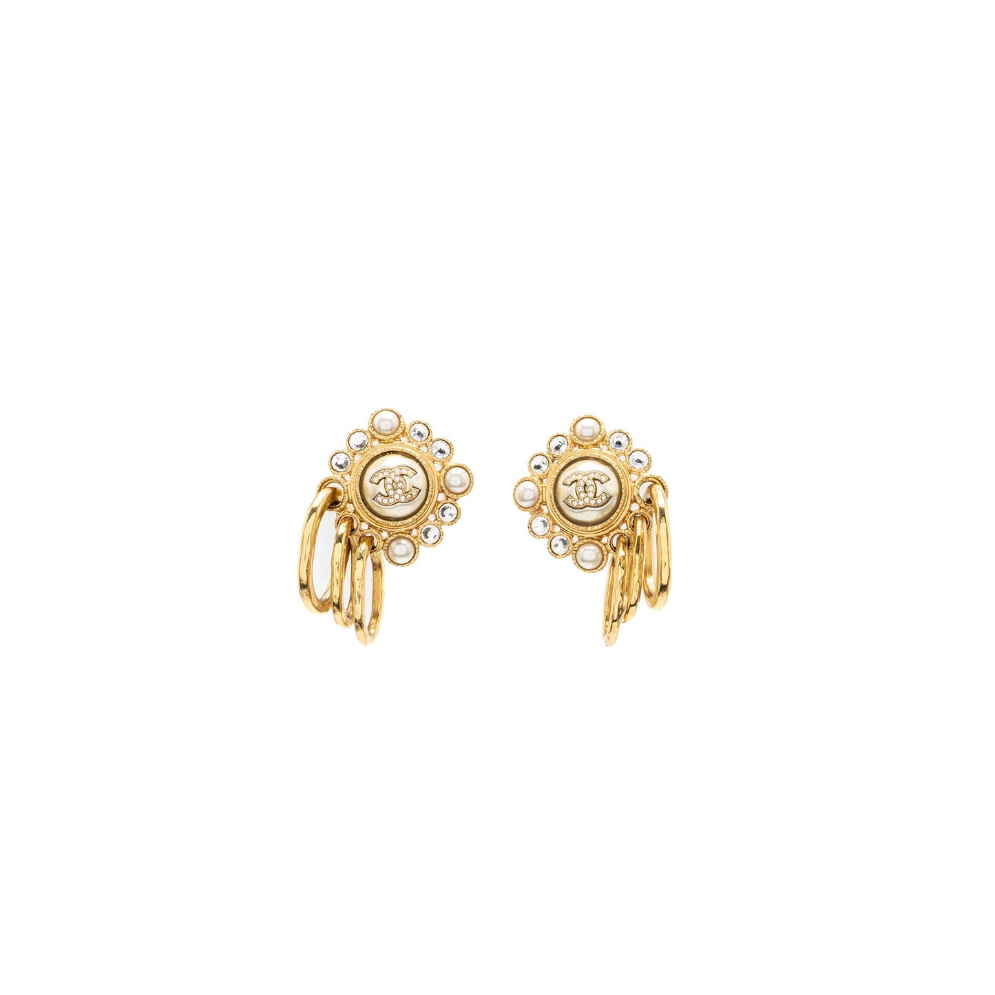 Chanel quilt earrings with cc logo and pearl gold tone