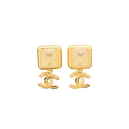 Chanel Square CC Logo Drop Earrings Gold Tone