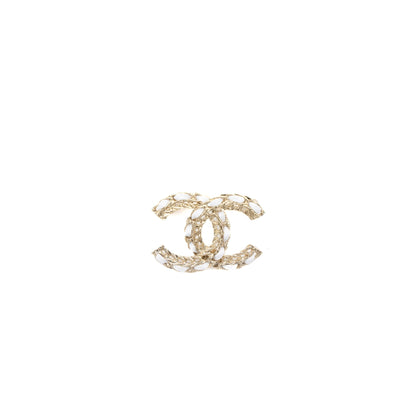 Chanel CC Logo Brooch Leather Chain White Light Gold Tone