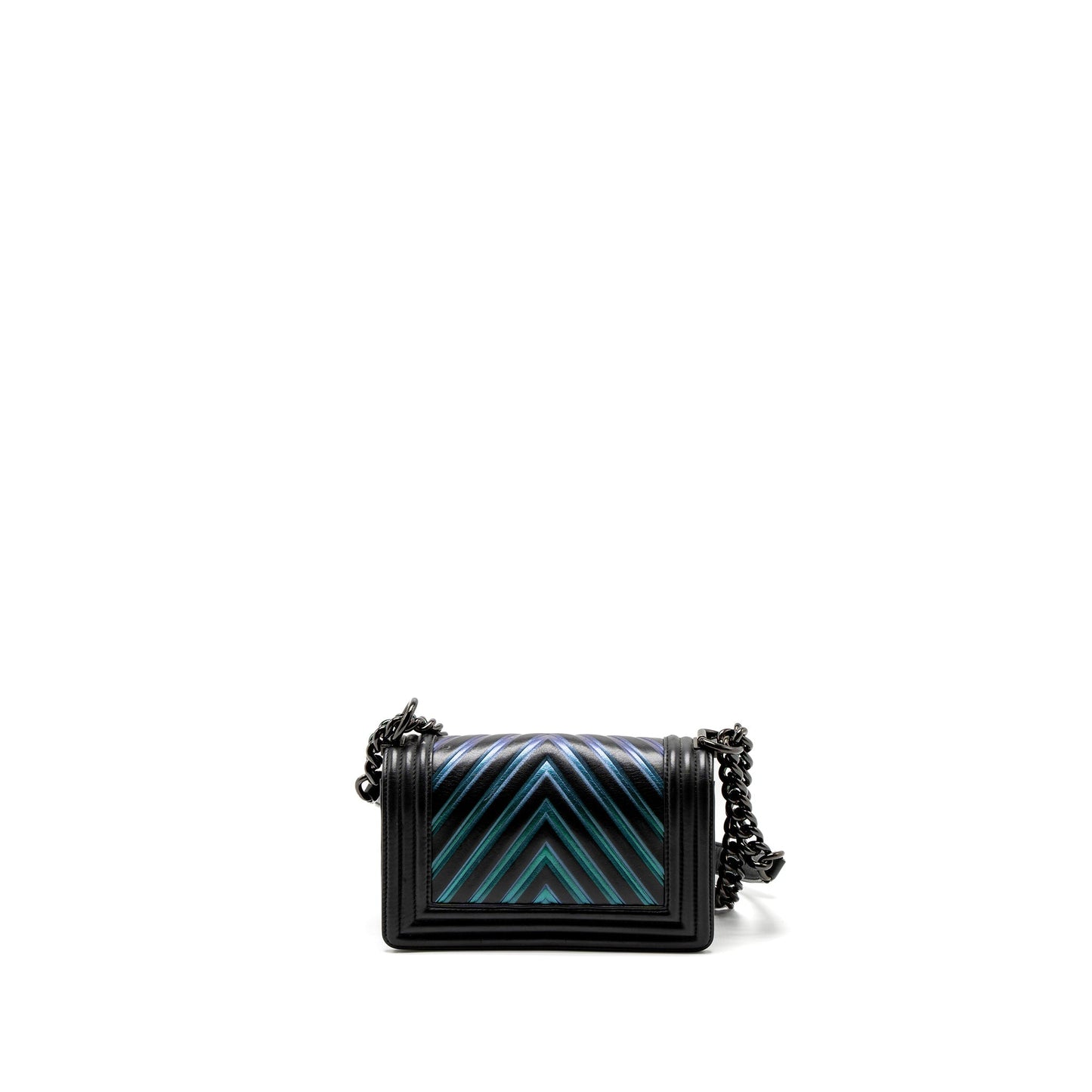 Chanel Small Boy Bag Chevron Calfskin Black/Iridescent Blue Black Hardware