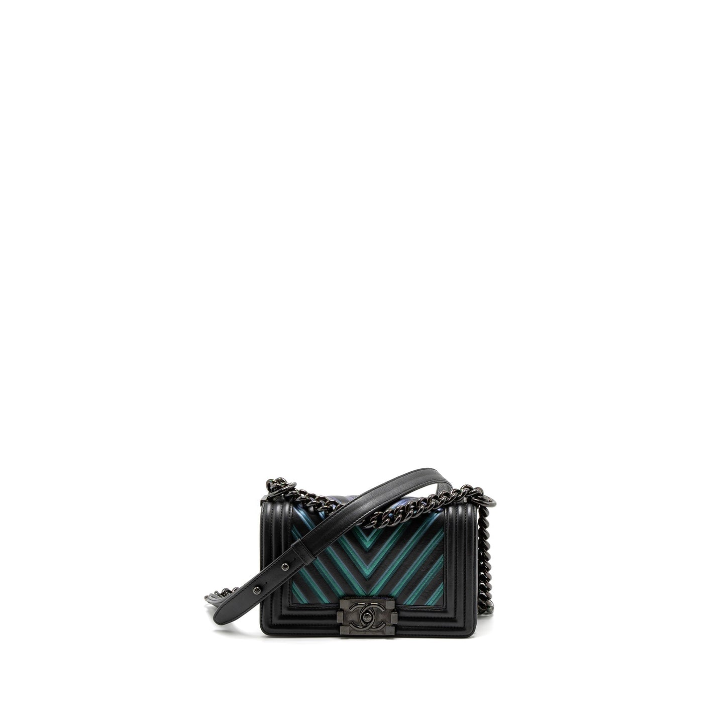 Chanel Small Boy Bag Chevron Calfskin Black/Iridescent Blue Black Hardware