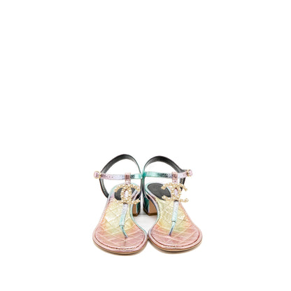 Chanel Size 38 Detailed CC Logo Leather Iridescent Multicolour Sandals