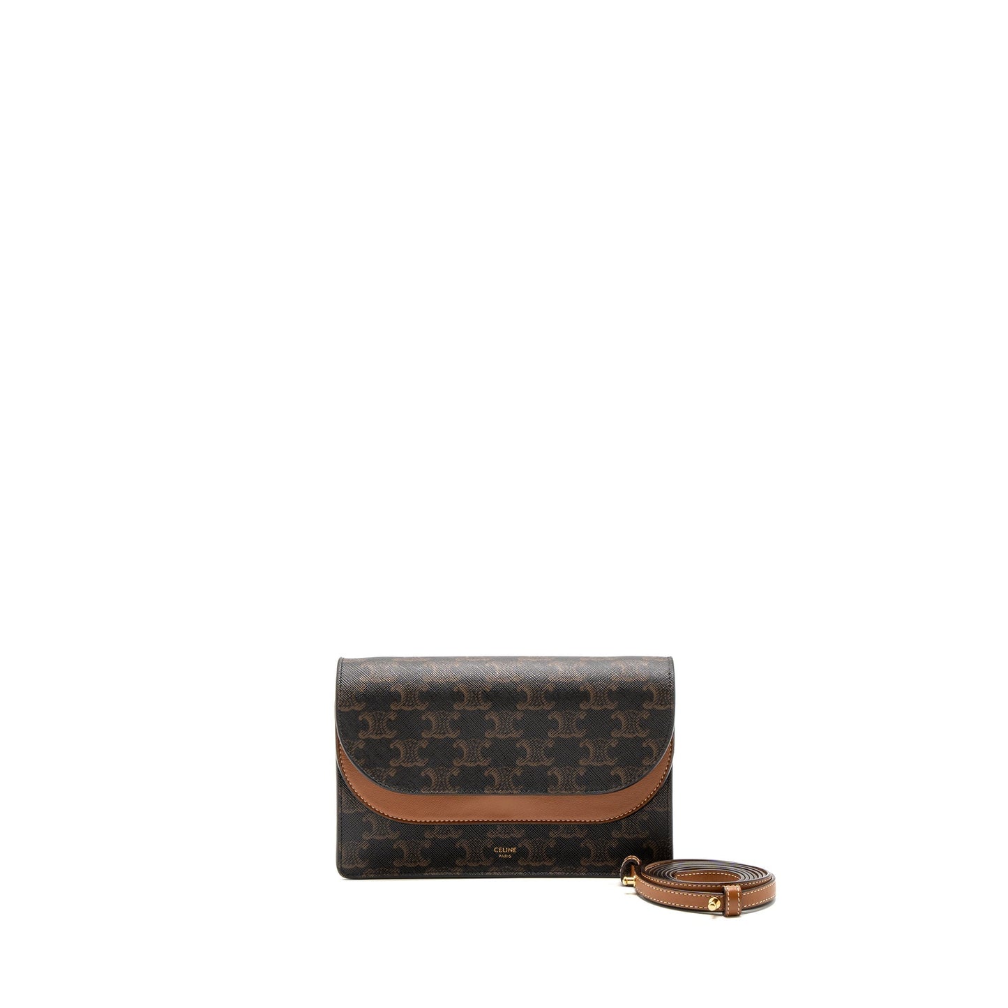 Luxury CELINE Wallet On Strap Triomphe Canvas/Smooth Lambskin Tan