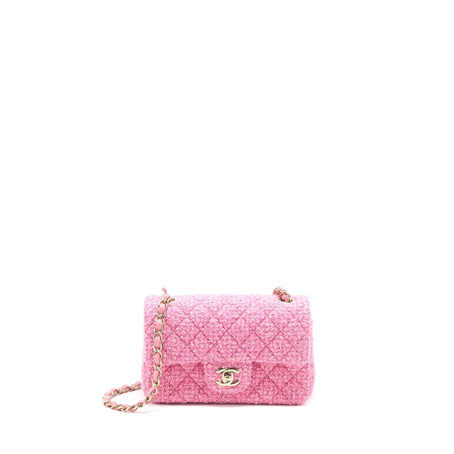 Chanel Mini Rectangular Flap Bag Tweed Pink LGHW (Microchip)