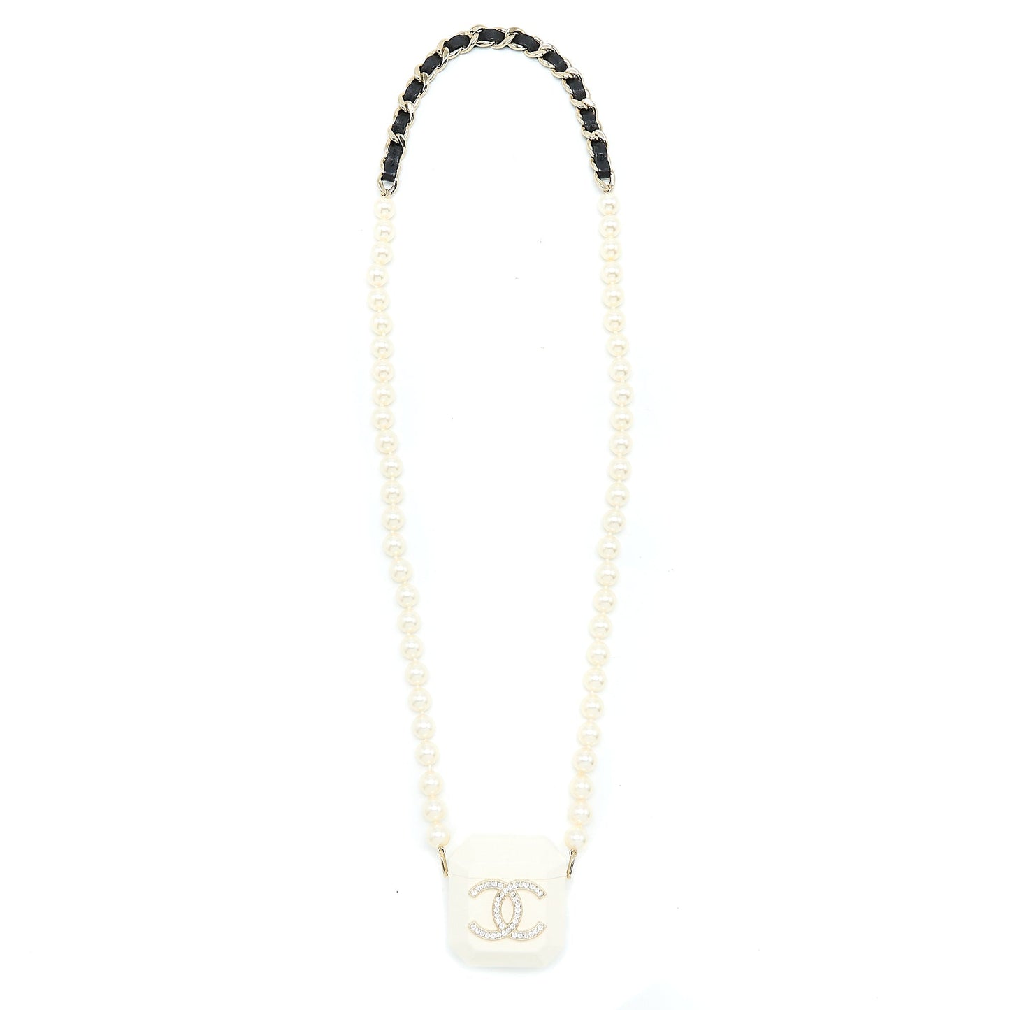 Chanel AirPods Case With Pearl Chain White Light Gold Tone