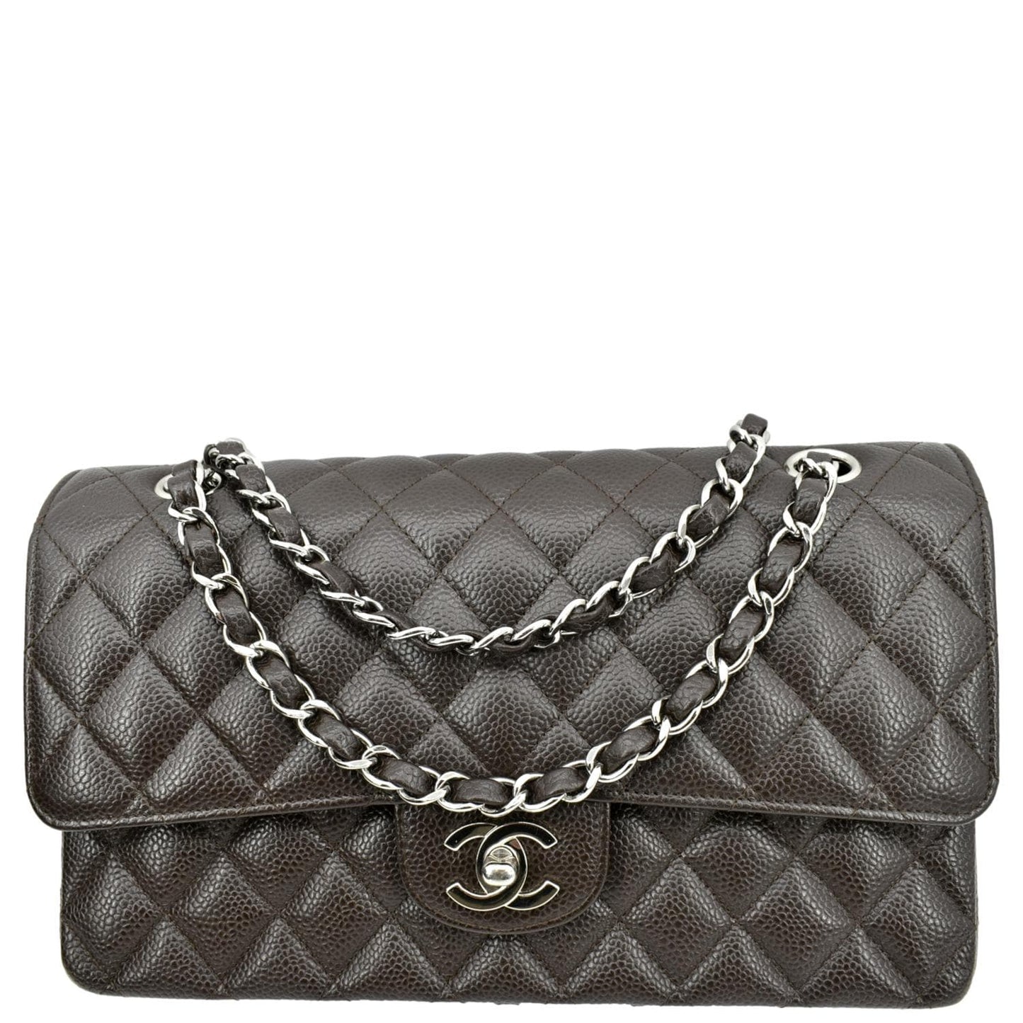 CHANEL Classic Medium Double Flap Caviar Leather Shoulder Bag Chocolate