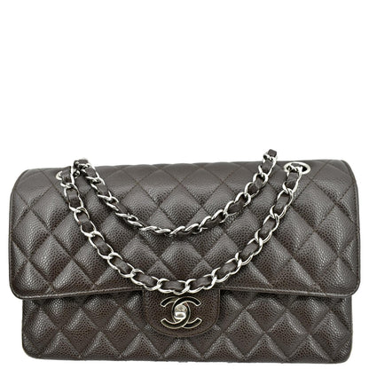 CHANEL Classic Medium Double Flap Caviar Leather Shoulder Bag Chocolate
