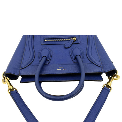 CELINE Nano Luggage Drummed Leather Tote Crossbody Bag Blue