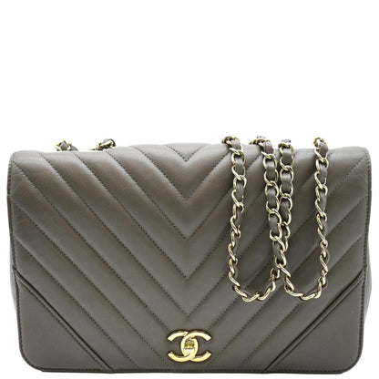 CHANEL Statement Medium Flap Quilted Chevron Crossbody Bag Khaki