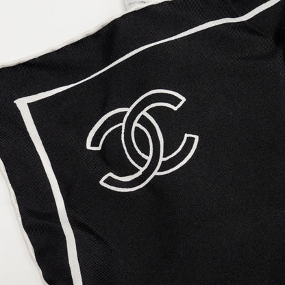 CHANEL 90x90cm Coco Chanel Silk Scarf Black / White