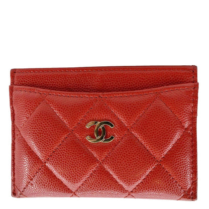 CHANEL CC Card Holder Quilted Caviar Leather Wallet Red