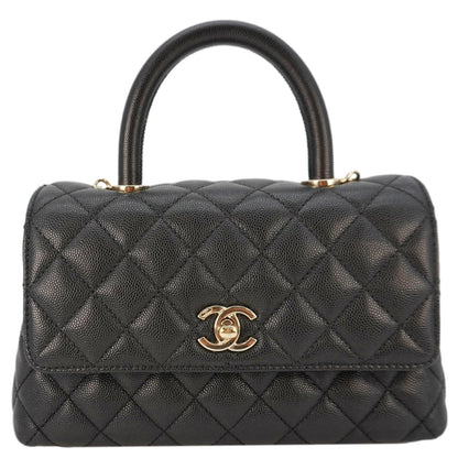 CHANEL Coco Flap Small Quilted Caviar Leather Handle Shoulder Bag Black