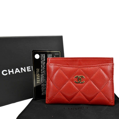 CHANEL CC Card Holder Quilted Caviar Leather Wallet Red