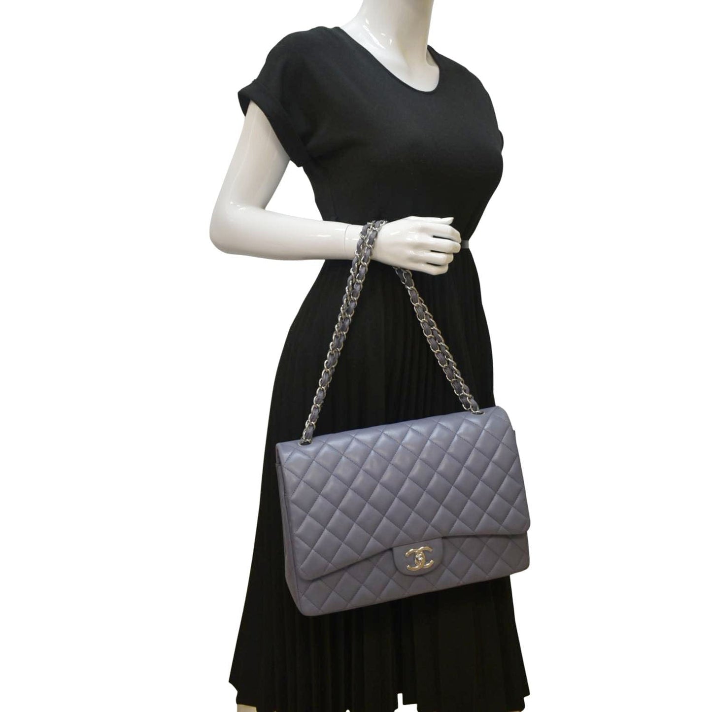 CHANEL Classic Maxi Double Flap Quilted Lambskin Leather Shoulder Bag Light Purple